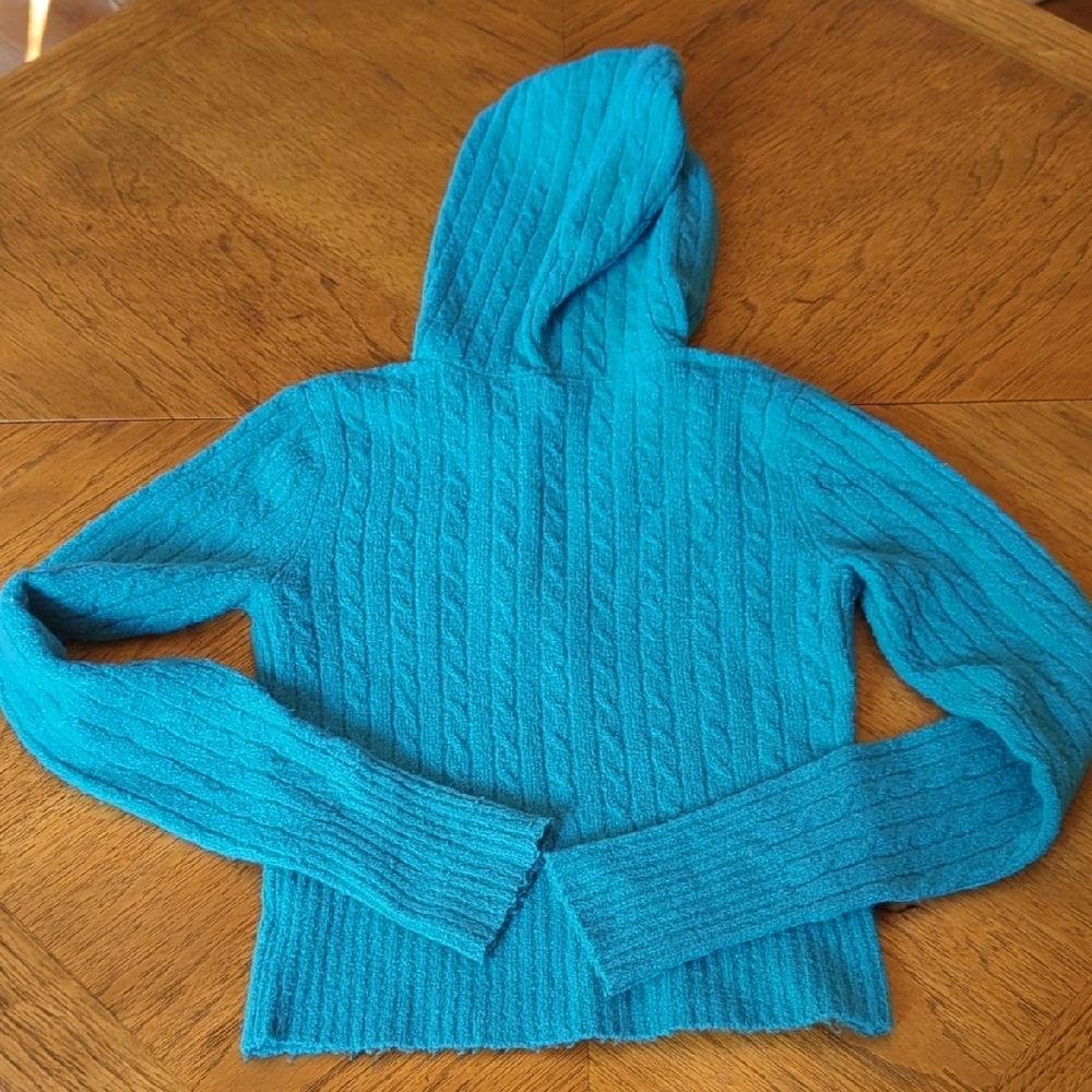 Y2K Vibrant Turquoise V-Neck Hooded Sweater - Picture 8 of 9